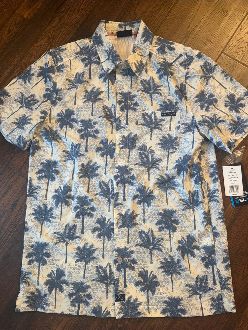 Salt Life Blue/White Palm-Print Short Sleeve Button-Down performance slx Shirt - Picture 1 of 5